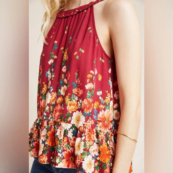 NWT new Anthropologie Farm Rio claudette halter top SMALL red floral flounced - Picture 3 of 17